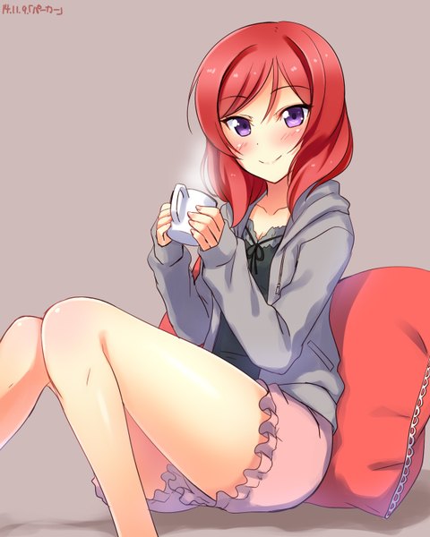 Anime picture 1240x1550 with love live! school idol project sunrise (studio) love live! nishikino maki yu-ta single tall image looking at viewer blush short hair simple background smile sitting purple eyes holding bent knee (knees) red hair open clothes open jacket steam