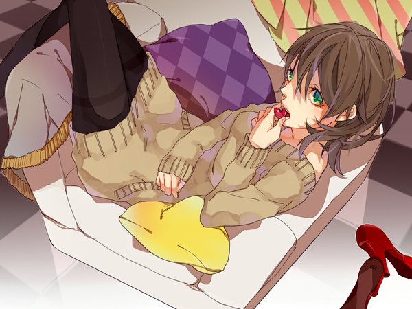Anime picture 1024x768 with original saikawa single blush short hair open mouth brown hair eating reclining checkered floor checkered multicolored eyes rhombus girl pantyhose shoes heart pillow sweater candy