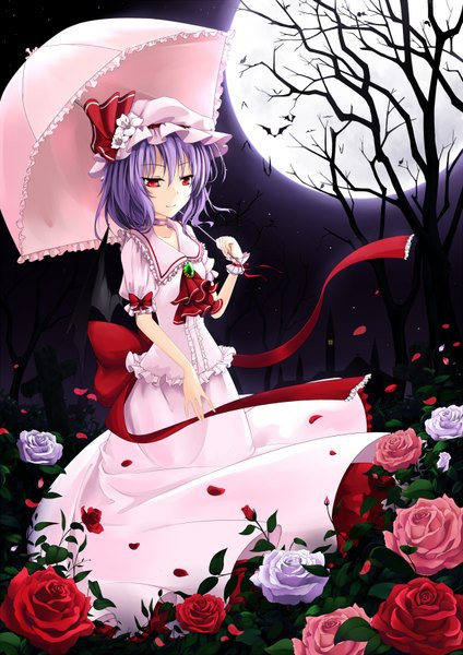 Anime picture 1200x1696 with touhou remilia scarlet cloudy.r single tall image short hair red eyes purple hair night girl dress flower (flowers) bow ribbon (ribbons) plant (plants) tree (trees) frills moon umbrella