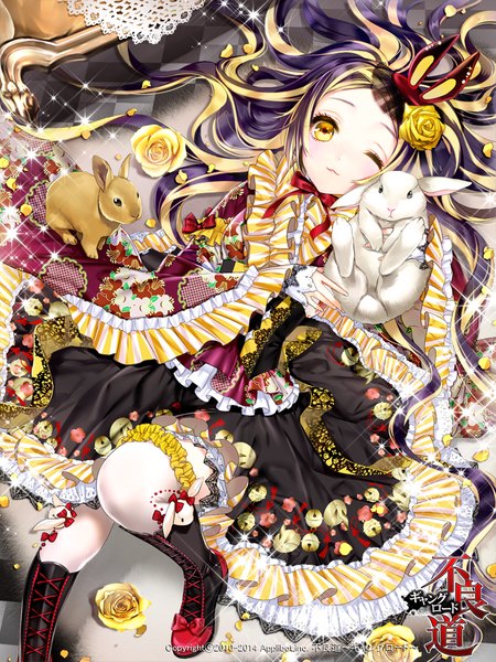 Anime picture 750x1000 with furyou michi ~gang road~ cocoon (loveririn) single long hair tall image yellow eyes one eye closed multicolored hair wink two-tone hair wavy hair girl thighhighs dress flower (flowers) animal petals white thighhighs boots frills
