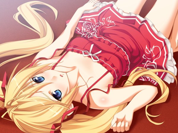 Anime picture 1024x768 with precious summer vacation! (game) long hair blue eyes blonde hair twintails game cg lying girl sundress