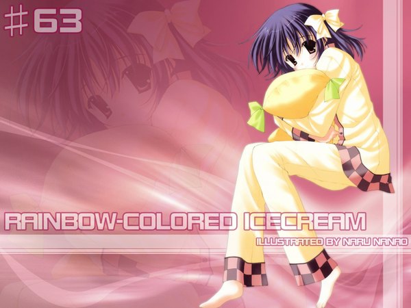 Anime picture 1600x1200 with rainbow colored icecream nanao naru single looking at viewer fringe short hair hair between eyes red eyes signed purple hair barefoot zoom layer pillow hug girl bow hair bow pillow pajamas