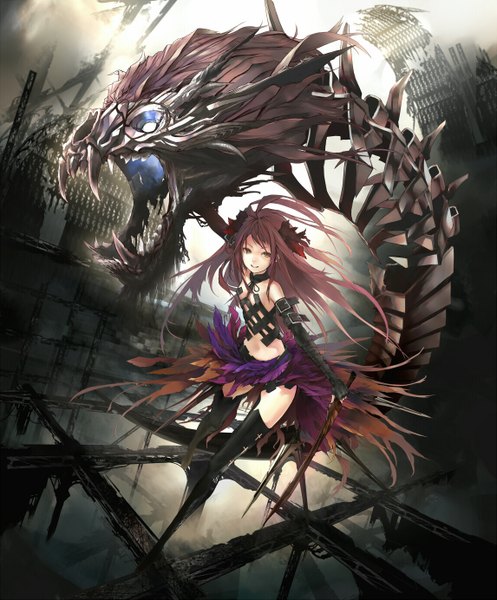 Anime picture 1145x1383 with lord of vermilion nil (artist) single long hair tall image yellow eyes red hair horn (horns) teeth flat chest sharp teeth skeleton girl thighhighs skirt gloves sword elbow gloves fingerless gloves monster