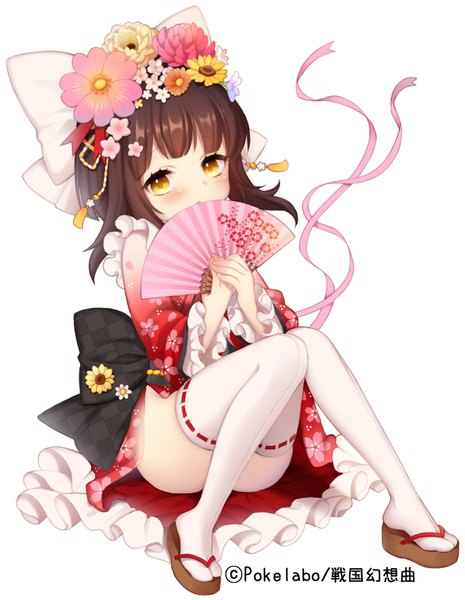 Anime picture 776x1000 with original byulzzimon single tall image looking at viewer blush short hair brown hair yellow eyes hair flower covered mouth girl thighhighs dress hair ornament flower (flowers) bow hair bow petals white thighhighs