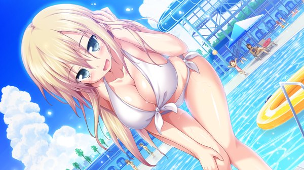 Anime picture 1920x1080 with love of renai koutei of love! erika ohtori long hair looking at viewer blush highres breasts open mouth light erotic blonde hair wide image bare shoulders sky cleavage cloud (clouds) wet grey eyes girl swimsuit bikini