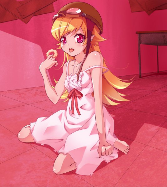 Anime picture 1341x1500 with bakemonogatari shaft (studio) monogatari (series) oshino shinobu kisaichi jin long hair tall image blonde hair bare shoulders pink eyes barefoot pointy ears kneeling pink background girl food tongue sundress goggles helmet