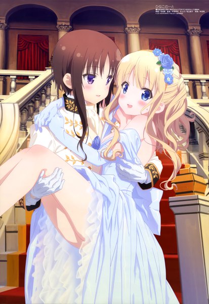 Anime picture 4085x5932 with hinako note megami magazine hiiragi mayuki hagino chiaki yoshinari kou long hair tall image looking at viewer blush highres open mouth blue eyes light erotic blonde hair brown hair purple eyes multiple girls absurdres hair flower official art