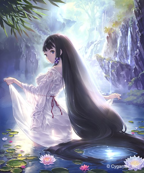 Anime picture 750x900 with hisakata souji single tall image looking at viewer fringe breasts blue eyes light erotic standing bare shoulders holding very long hair looking back hair flower sunlight partially submerged wet clothes rock waterfall girl