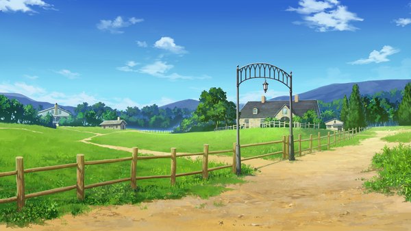 Anime picture 1280x720 with hyakka ryouran elixir senomoto hisashi wide image game cg sky cloud (clouds) plant (plants) tree (trees) grass fence house path