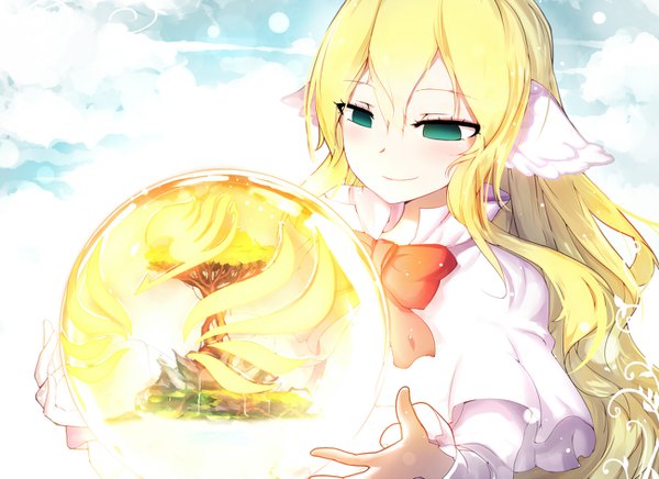 Anime picture 1300x945 with fairy tail mavis vermillion qys3 single long hair blush fringe blonde hair smile hair between eyes green eyes sky cloud (clouds) head wings girl dress plant (plants) wings tree (trees) white dress