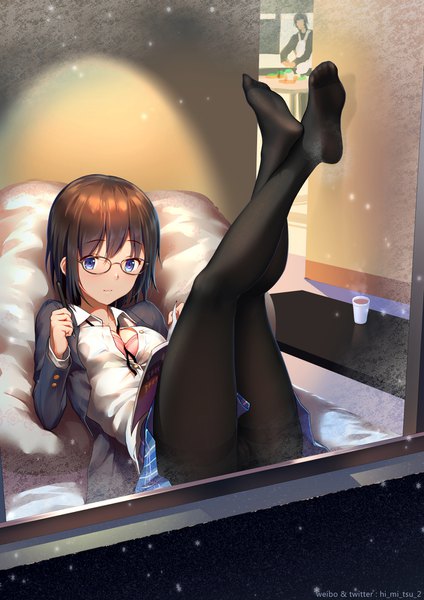 Anime picture 1240x1754 with original tokinohimitsu tall image looking at viewer short hair breasts blue eyes light erotic brown hair signed full body indoors light smile no shoes twitter username plaid skirt snowing solo focus soles reclining