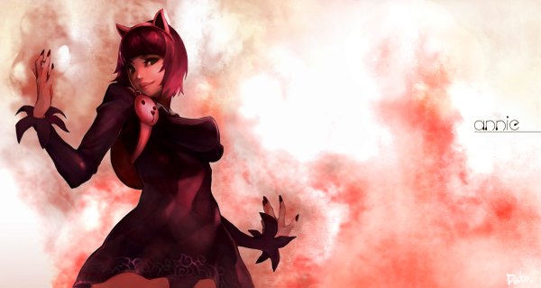 Anime picture 1200x639 with league of legends annie (league of legends) dutomaster single looking at viewer short hair wide image animal ears pink hair fingernails lips cat ears long fingernails girl dress backpack bear