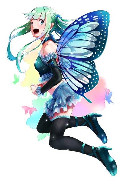 Anime picture 1414x2000 with original keidai single long hair tall image blush open mouth blue eyes simple background white background green hair pointy ears insect wings butterfly wings girl thighhighs dress black thighhighs wings shoes