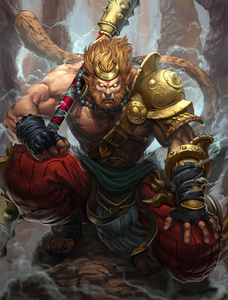Anime picture 838x1100 with smite (game) sun wukong (smite) brolo single tall image looking at viewer short hair brown hair yellow eyes tail animal tail sidewhiskers gloves weapon earrings animal beard monkey mace