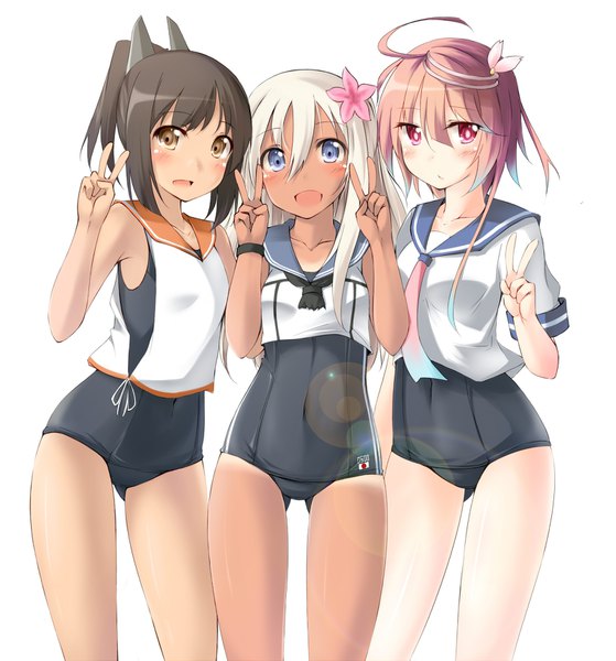 Anime picture 1600x1717 with kantai collection ro-500 submarine i-58 submarine i-401 aircraft carrying submarine kaminagi-tei long hair tall image looking at viewer blush fringe short hair open mouth blue eyes light erotic simple background hair between eyes brown hair multiple girls brown eyes pink hair