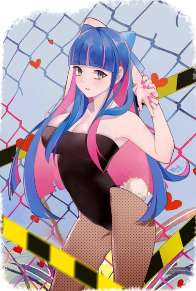 Anime picture 2000x2960 with panty & stocking with garterbelt anarchy stocking maorzshu single long hair tall image looking at viewer fringe highres breasts light erotic large breasts standing green eyes blue hair pink hair blunt bangs nail polish multicolored hair lips