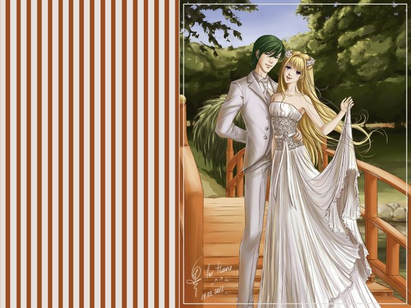 Anime picture 1599x1199 with lina - queen of spirits (manga) lina (queen of spirits) sai-ansata long hair looking at viewer short hair blonde hair smile standing purple eyes hair flower green hair light smile sleeveless couple hug looking up striped striped background girl