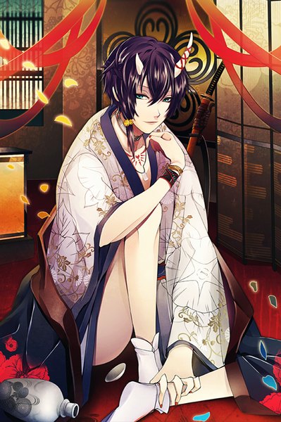 Anime picture 550x826 with original kanimiso-max single tall image short hair sitting purple hair nail polish traditional clothes japanese clothes horn (horns) aqua eyes tattoo oni horns boy ribbon (ribbons) weapon petals sword choker