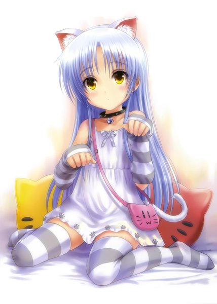 Anime picture 2053x2877 with angel beats! key (studio) tachibana kanade goto p long hair tall image highres animal ears yellow eyes white hair official art cat girl loli girl thighhighs pillow collar striped thighhighs fanny pack