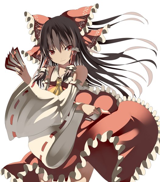 Anime picture 878x1001 with touhou hakurei reimu kureha (ironika) single long hair tall image black hair simple background smile hair between eyes red eyes white background bare shoulders looking away traditional clothes japanese clothes wind crossed arms miko girl