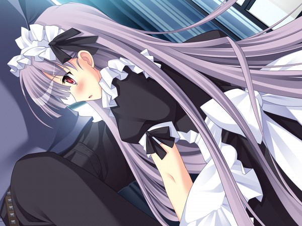 Anime picture 1024x768 with a.g.ii.d.c. hilde long hair blush red eyes game cg grey hair maid girl