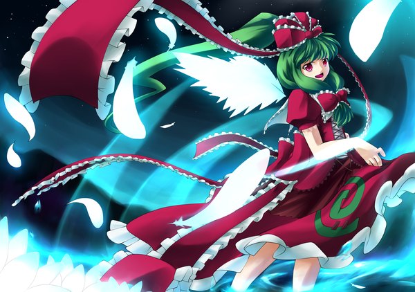Anime picture 2480x1748 with touhou kagiyama hina gin kagami (artist) single long hair highres open mouth red eyes green hair girl dress bow hair bow wings feather (feathers)