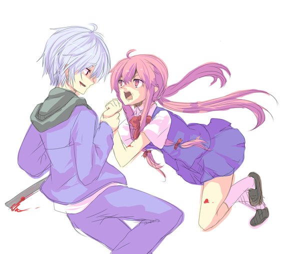 Anime picture 1181x1000 with mirai nikki gasai yuno akise aru long hair short hair open mouth simple background white background twintails pink hair purple hair profile pink eyes low twintails girl boy socks blood white socks