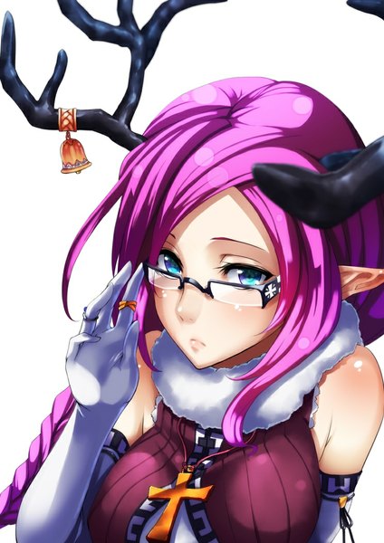 Anime picture 744x1052 with original ruuto (sorufu) single long hair tall image looking at viewer blue eyes simple background white background bare shoulders purple hair braid (braids) horn (horns) pointy ears close-up face girl gloves glasses elbow gloves