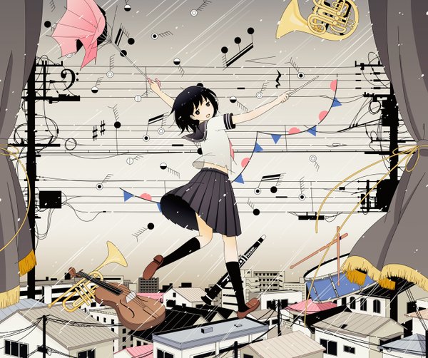 Anime picture 1350x1130 with original satou odori (super normal) single short hair open mouth black hair black eyes girl skirt socks serafuku black socks umbrella musical instrument musical note house violin clarinet