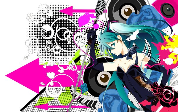 Anime picture 2000x1262 with vocaloid hatsune miku sakisato kiriko long hair highres green eyes cleavage green hair girl gloves elbow gloves microphone microphone stand directional arrow