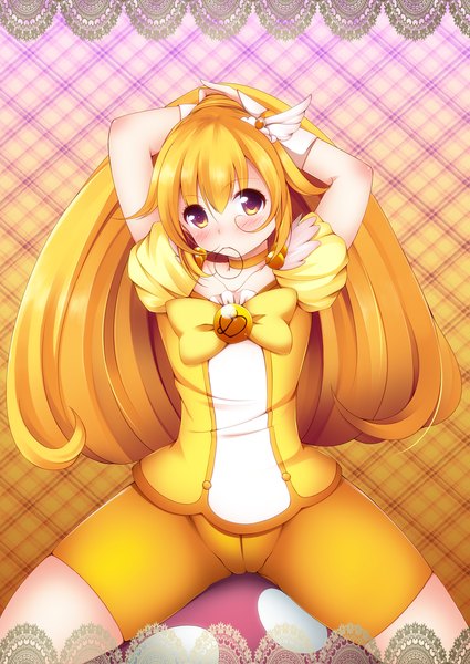 Anime picture 1416x2000 with precure smile precure! toei animation kise yayoi cure peace gabao. single long hair tall image blush light erotic blonde hair yellow eyes girl dress bowtie leggings