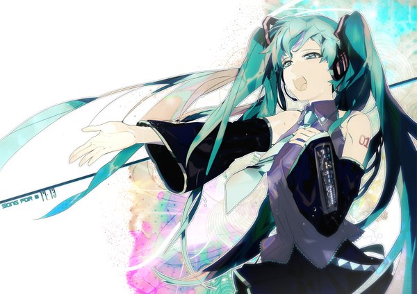 Anime picture 1500x1060 with vocaloid hatsune miku zis (artist) single long hair open mouth simple background white background twintails aqua hair wallpaper outstretched arm singing girl detached sleeves necktie