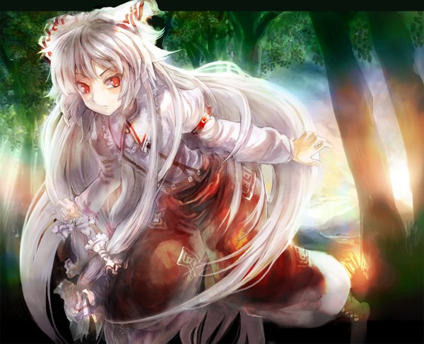 Anime picture 1250x1013 with touhou fujiwara no mokou ultimate asuka single long hair red eyes white hair girl bow plant (plants) hair bow tree (trees) forest