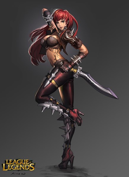 Anime picture 1024x1409 with league of legends katarina (league of legends) hinew (artist) single long hair tall image looking at viewer light erotic standing green eyes red hair tattoo scar girl weapon single glove dagger