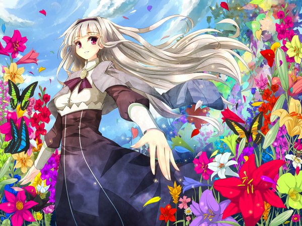 Anime picture 1600x1200 with long hair purple eyes white hair girl dress flower (flowers) petals hairband insect butterfly