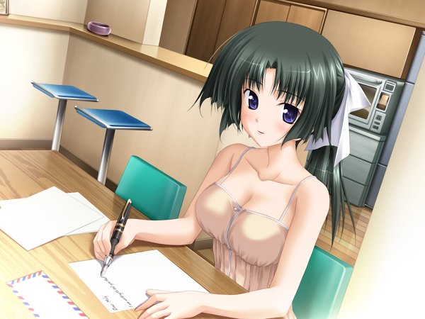 Anime picture 1200x900 with blush purple eyes game cg cleavage ponytail green hair