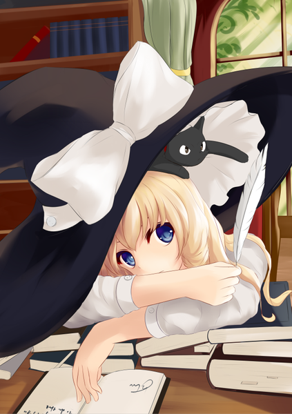 Anime picture 619x877 with touhou kirisame marisa wuzhuang caikuangche single long hair tall image blue eyes blonde hair looking away expressionless animal on head alternate eye color cat on head girl bow hat animal book (books) cat feather (feathers)