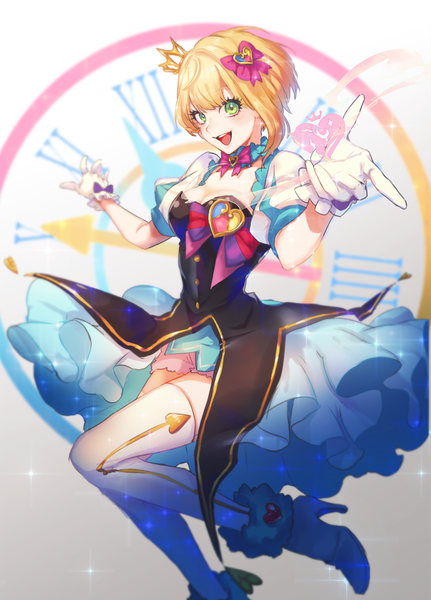 Anime picture 750x1043 with idolmaster idolmaster cinderella girls miyamoto frederica dekooop single tall image looking at viewer blush short hair open mouth simple background blonde hair green eyes cleavage bent knee (knees) :d blurry grey background sparkle high heels