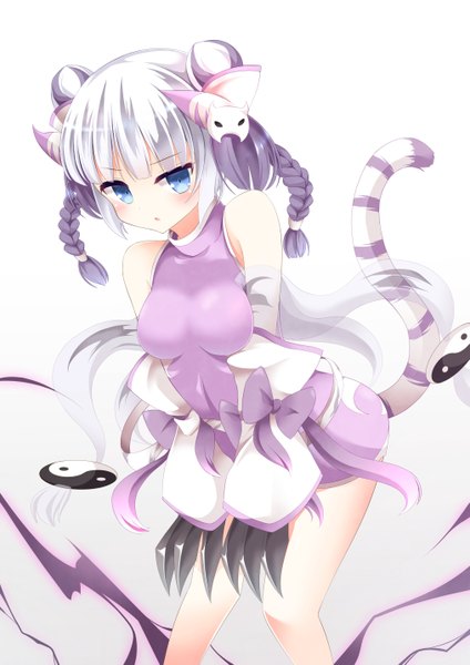 Anime picture 1013x1433 with puzzle & dragons haku (p&d) aibumi single tall image looking at viewer blush short hair blue eyes white background animal ears white hair tail braid (braids) animal tail transparent girl bow claw (weapon)
