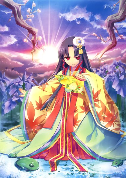 Anime picture 3256x4602 with original eshi 100-nin ten kantaka single long hair tall image highres black hair red eyes absurdres cloud (clouds) traditional clothes girl flower (flowers) plant (plants) tree (trees) fan sun frog