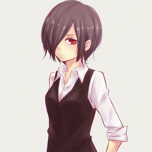 Anime picture 1000x1000 with tokyo ghoul studio pierrot kirishima touka tagme (artist) single looking at viewer fringe short hair black hair simple background red eyes white background hair over one eye hand on hip girl vest