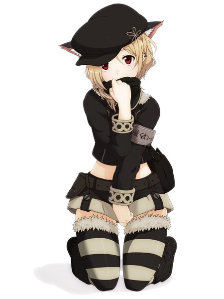 Anime picture 1200x1600 with original koretin2525 single tall image looking at viewer short hair blonde hair simple background red eyes white background animal ears piercing girl thighhighs jacket shorts scarf striped thighhighs flat cap