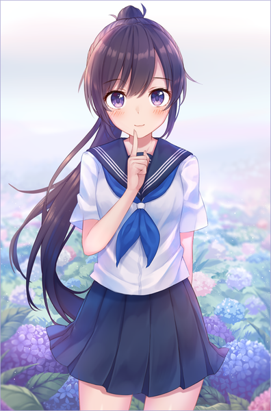 Anime-Bild 594x900 mit original kawami nami single long hair tall image looking at viewer blush fringe breasts brown hair standing purple eyes outdoors ponytail pleated skirt light smile finger to mouth arm behind back girl skirt