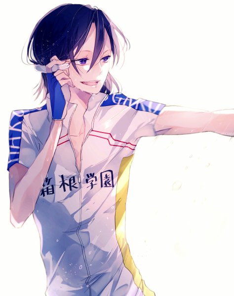 Anime picture 984x1246 with yowamushi pedal toudou jinpachi supaner single tall image short hair open mouth black hair simple background white background purple eyes looking away sweat outstretched arm clothes writing boy gloves uniform fingerless gloves headband