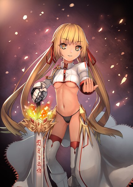 Anime picture 800x1120 with original musynexsk single long hair tall image looking at viewer breasts light erotic blonde hair twintails yellow eyes dark background girl thighhighs navel underwear panties weapon sword