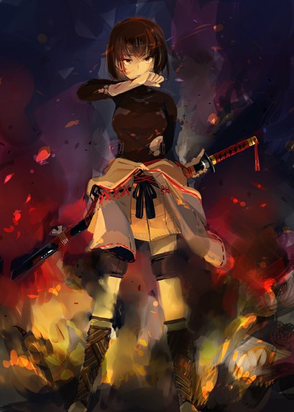 Anime picture 820x1150 with kantai collection hyuuga battleship cus-tom single tall image looking at viewer short hair brown hair brown eyes torn clothes girl skirt weapon miniskirt sword katana blood sheath blouse