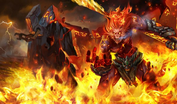 Anime picture 1215x717 with league of legends wukong (league of legends) wide image orange eyes lightning destruction weapon armor chain fire monster flame