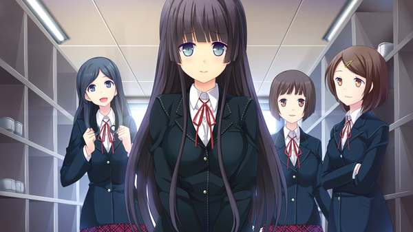 Anime picture 2560x1440 with kanojo step kisaragi noe long hair looking at viewer highres short hair blue eyes black hair brown hair wide image multiple girls brown eyes game cg girl uniform school uniform 4 girls