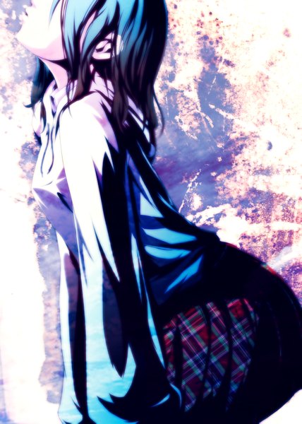 Anime picture 1275x1789 with original mubouou aasaa single long hair tall image blue hair long sleeves profile looking up girl uniform school uniform hoodie