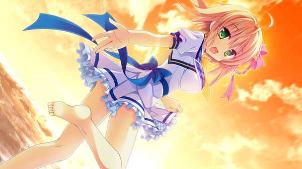 Anime picture 1280x720 with karumaruka circle otone nikoru moribe (rabumanyo) single short hair open mouth blonde hair wide image green eyes game cg evening sunset girl dress uniform bow ribbon (ribbons) hair ribbon school uniform